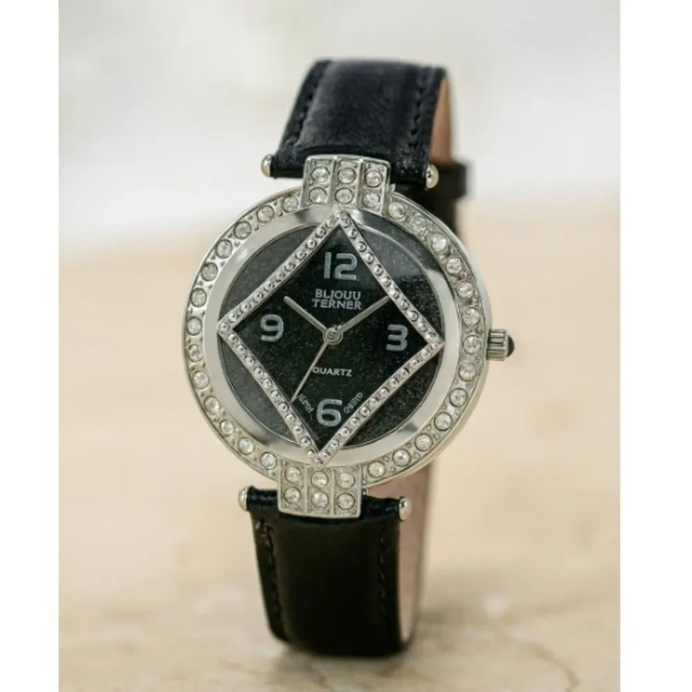 Bijoux Terner Watch Vintage Black Leather Band Quartz Japan Movement Stainless